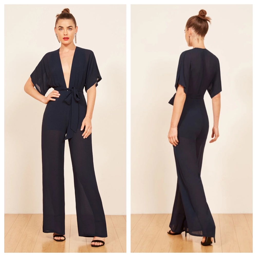 Reformation Navy Deep V Belted Jumpsuit